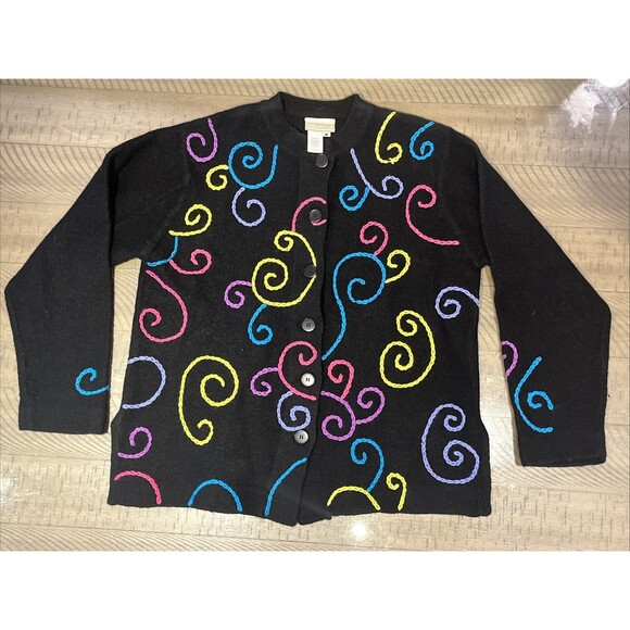 Coldwater Creek Womans Medium Black Swirl 100% Wool Button Cardigan Sweater - Picture 1 of 4